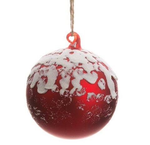 4" Seasons of Elegance Ruby Red w- White Glitter Snow Christmas Glass Ball Ornament