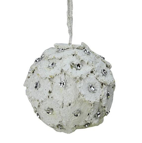 4" Rustic Chic Glittered White Flower Petals w- Rhinestones Christmas Ball Ornament