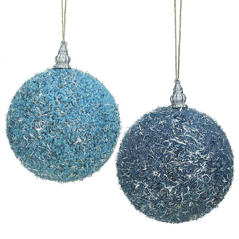 Pack of 4 Light Blue Beaded Silver Tinsel Confetti Christmas Ball Ornaments 4" (100mm)