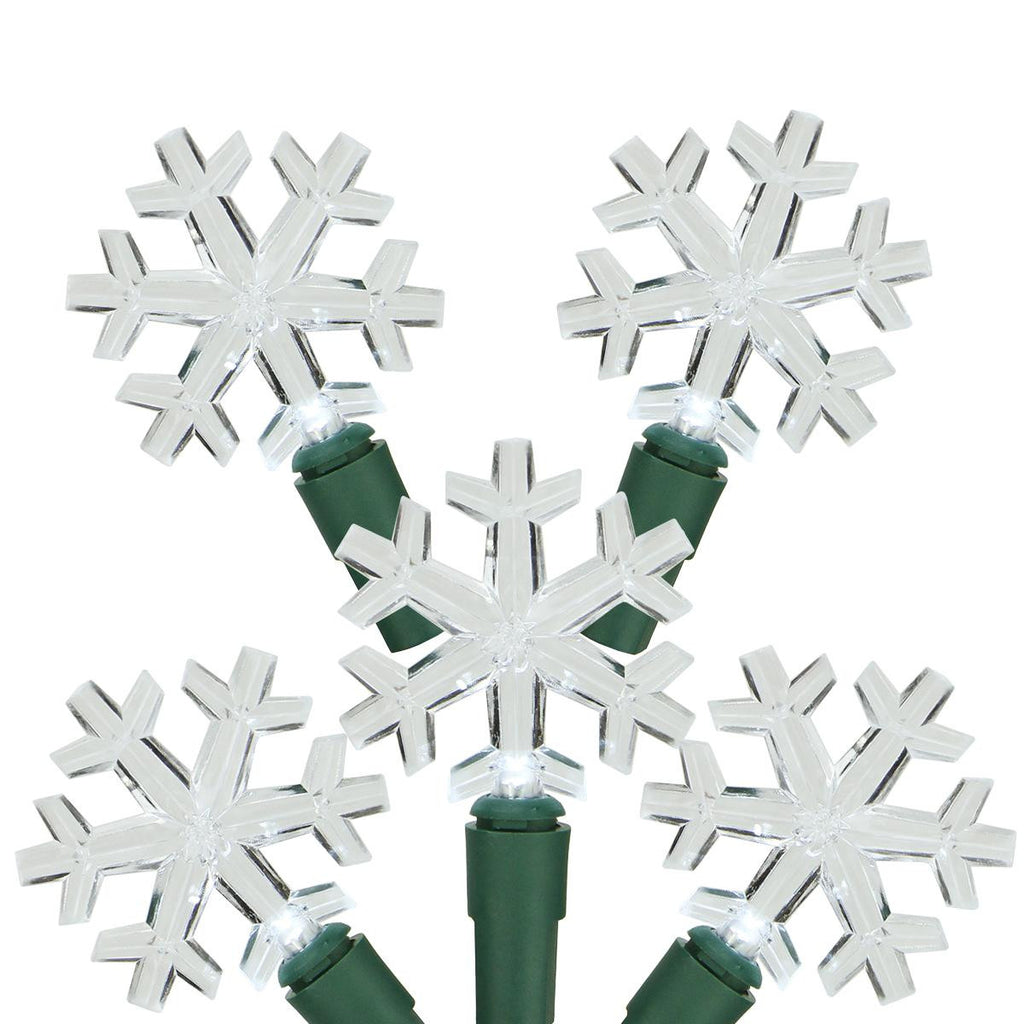 Set of 20 Pure White LED Snowflake Christmas Lights 4" Spacing - Green Wire