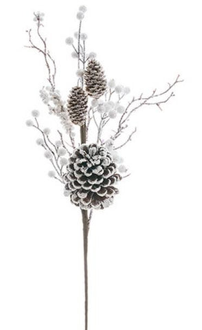 22.5" White & Brown Glitter Frosted Twig and Pine Cone Floral Christmas Spray