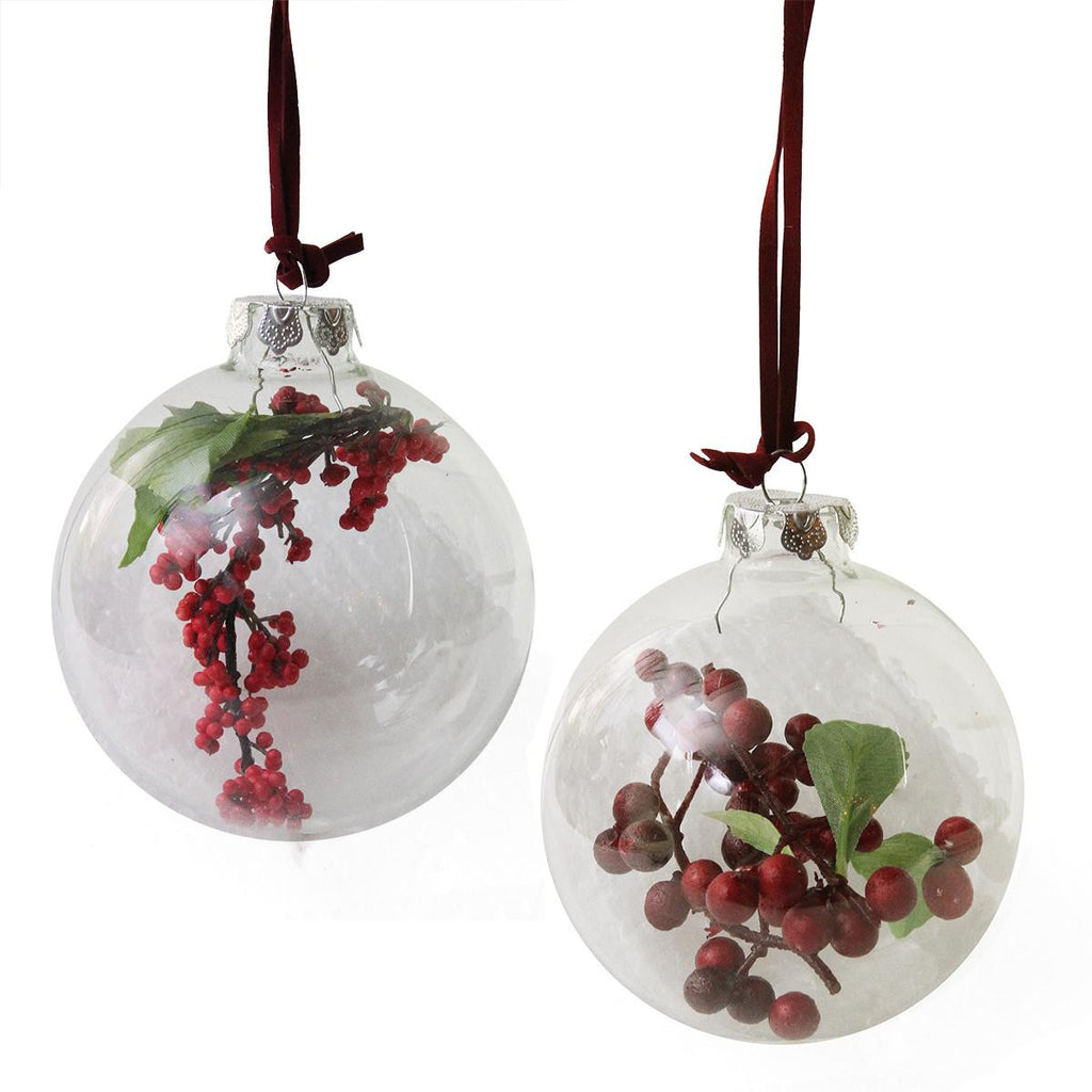 Set of 2 Clear Glass Christmas Ball Ornaments with Red and Burgundy Berries 3.5"