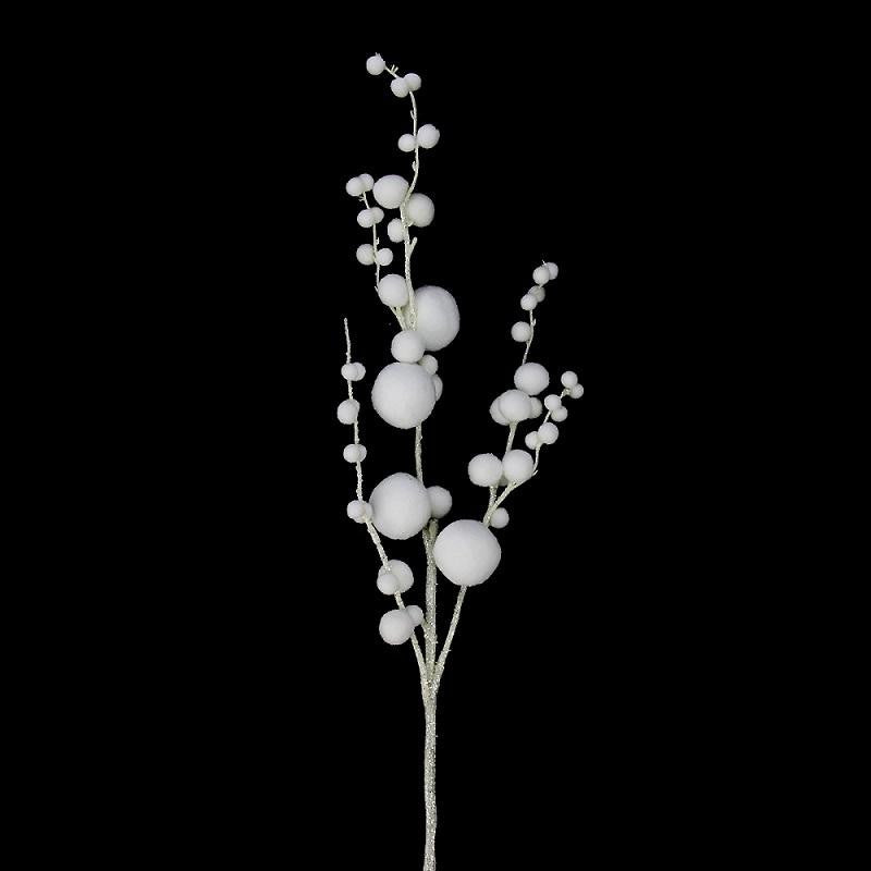 28.5" White Pom Pom Floral Christmas Spray with Glittered Stem