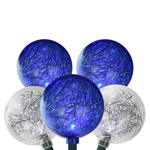 Set of 10 Pure White and Blue LED Ornament w- Tinsel Christmas Lights 9.5" Spacing - Green Wire