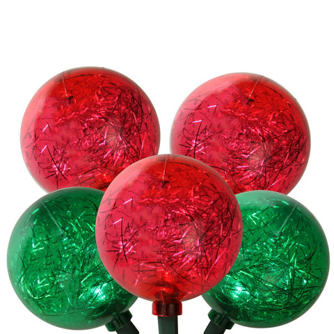 Set of 10 Red and Green LED Ornament w- Tinsel Christmas Lights 9.5" Spacing - Green Wire