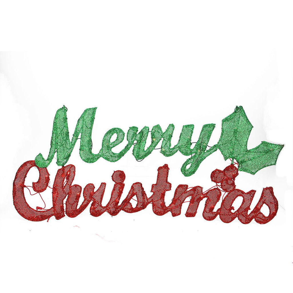 32" Pre-Lit Red & Green Glitter Mesh "Merry Christmas" Yard Art Sign Decoration - Warm White Lights