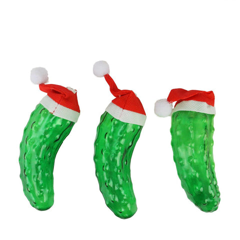 Set of 8 Musical LED Pickles w- Santa Hats Battery Operated Christmas Lights - Cool White