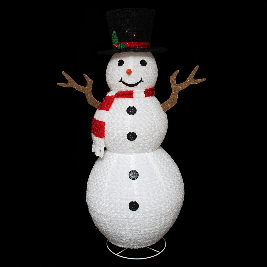 72" Pre-Lit Outdoor Chenille Swirl Large Snowman w- Top Hat Christmas Yard Art Decoration