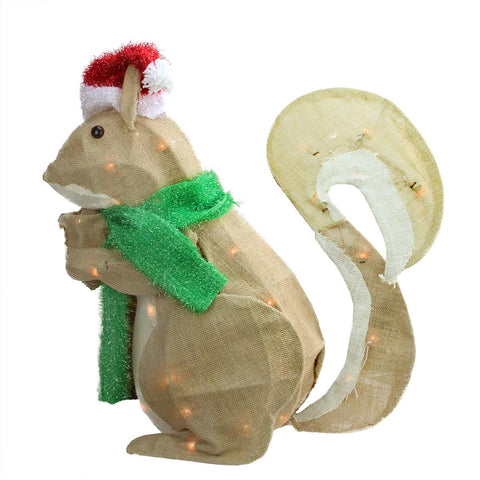 28" Pre-Lit  Outdoor Burlap Squirrel with Santa Hat Christmas Yard Art Decoration