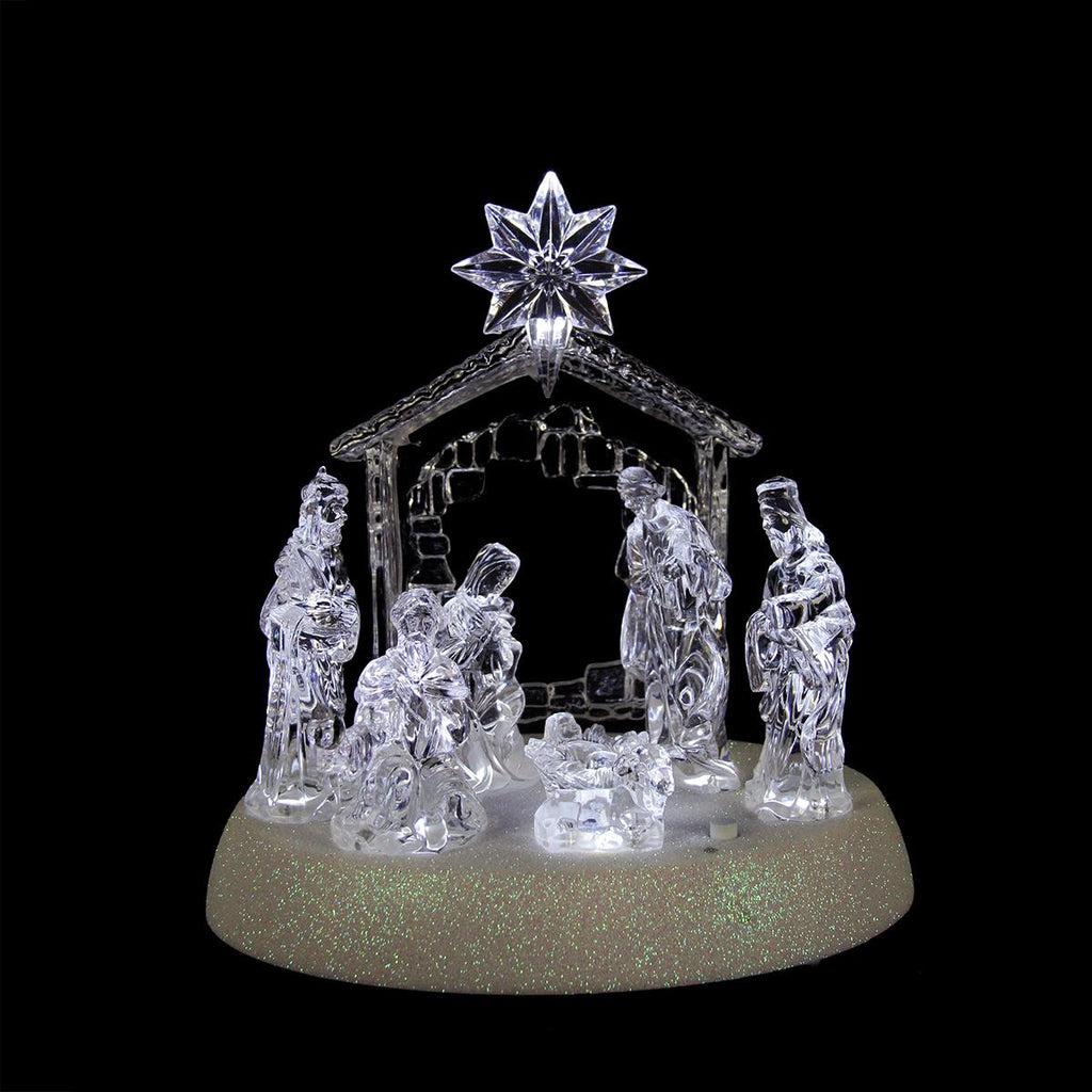 7.75" Icy Crystal Pre-Lit LED Lighted Holy Family in Stable Christmas Nativity