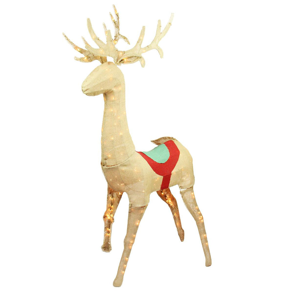 60" Pre-Lit Rustic Burlap Standing Reindeer Christmas Yard Art Decoration