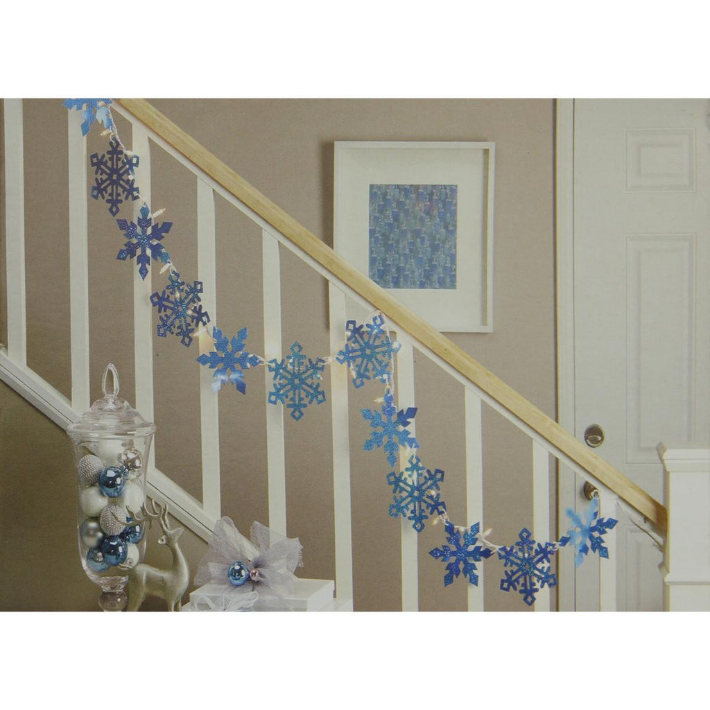 9.9' Blue Holographic Snowflake Christmas Light Garland with 35 Clear Mini Lights - White Wire