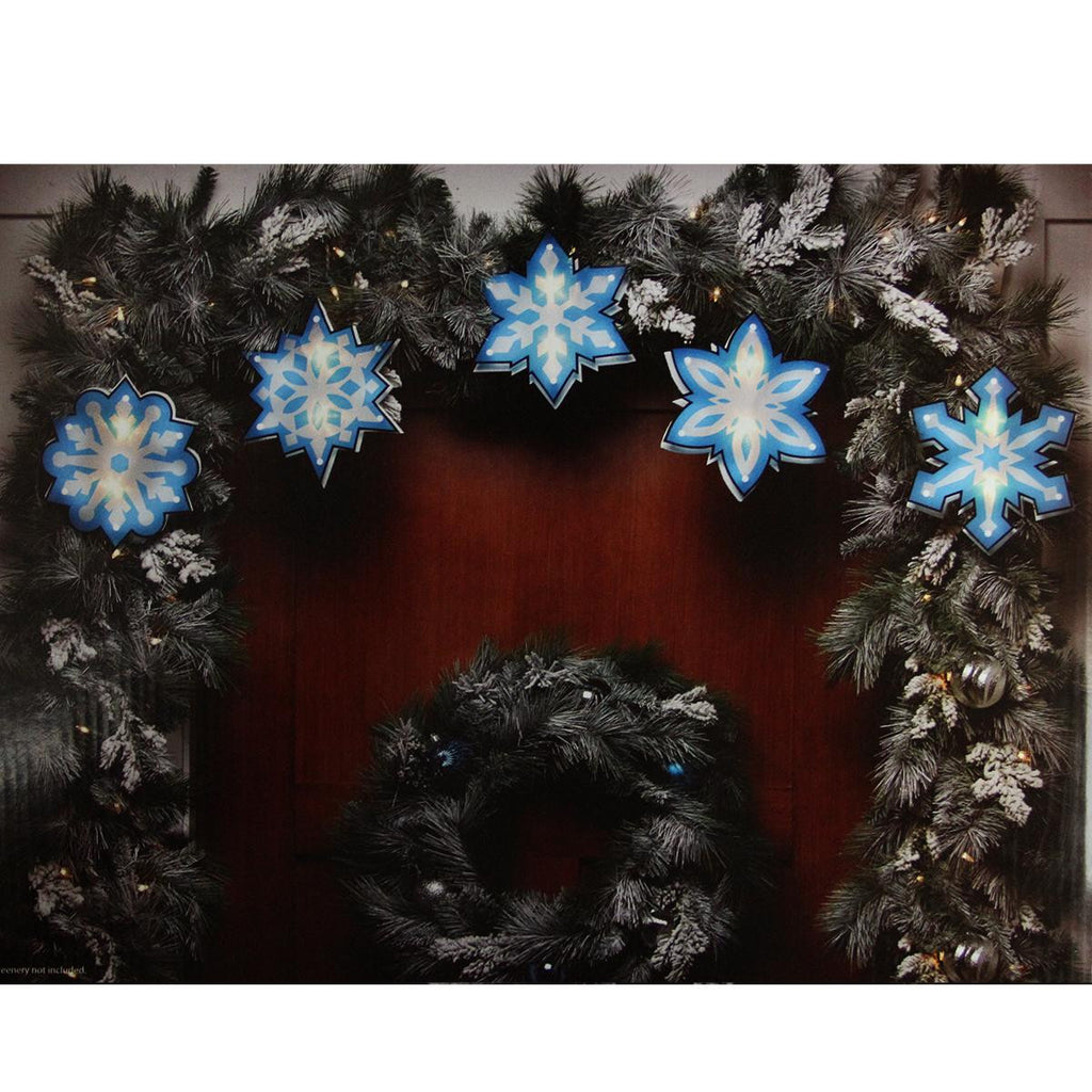 7' Blue and White Shimmering Snowflake Christmas Light Garland with 10 Clear Mini Lights - White Wire