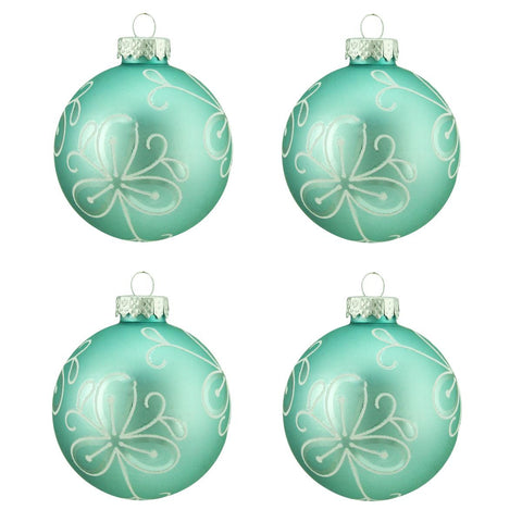 4ct Matte Teal Green with White Flower Design Glass Ball Christmas Ornaments 2.5" (65mm)