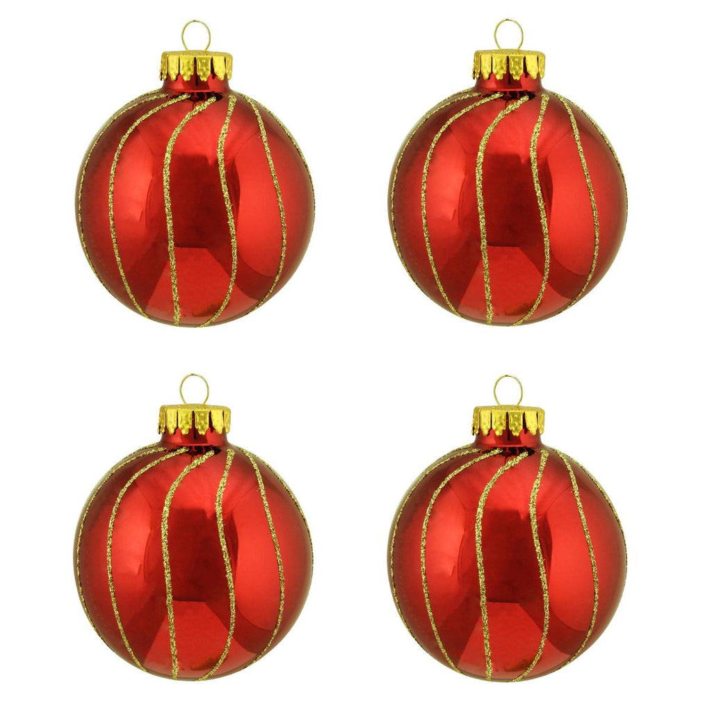 4ct Shiny Red with Gold Striped Design Glass Ball Christmas Ornaments 2.5" (65mm)