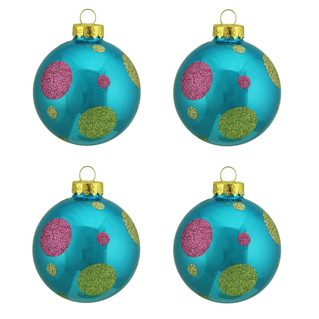 4ct Turquoise Blue with Glitter Polka Dot Design Glass Ball Christmas Ornaments 2.5" (65mm)