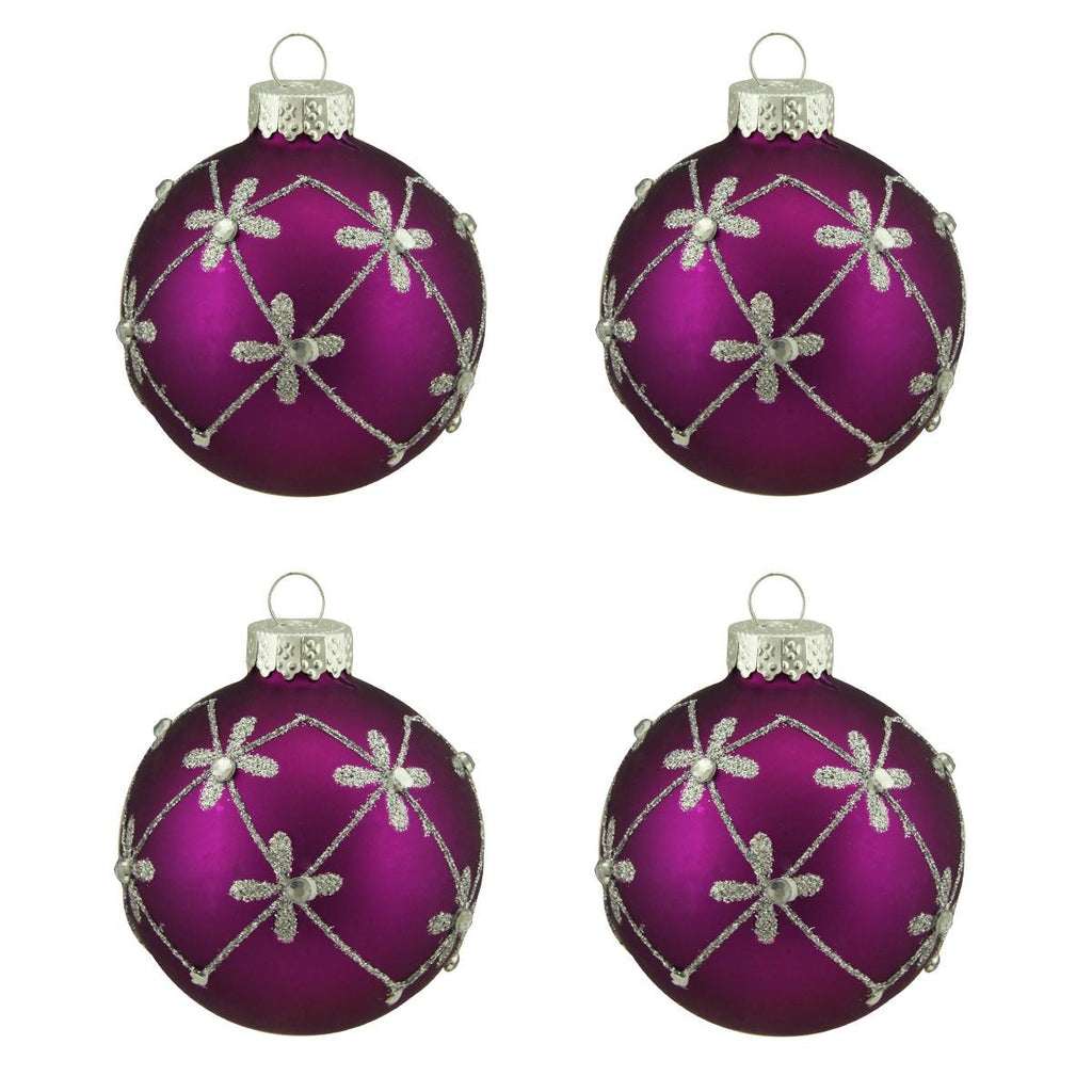 4ct Matte Magenta Purple with Silver Flower Design Glass Ball Christmas Ornaments 2.5" (65mm)