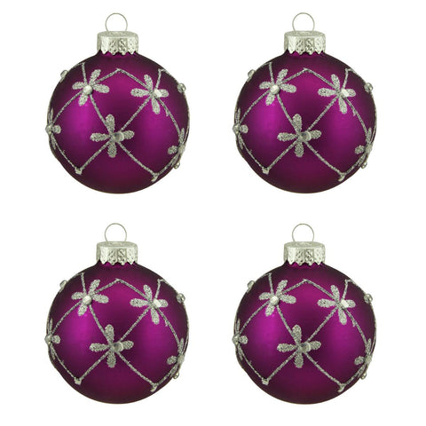 4ct Matte Magenta Purple with Silver Flower Design Glass Ball Christmas Ornaments 2.5" (65mm)