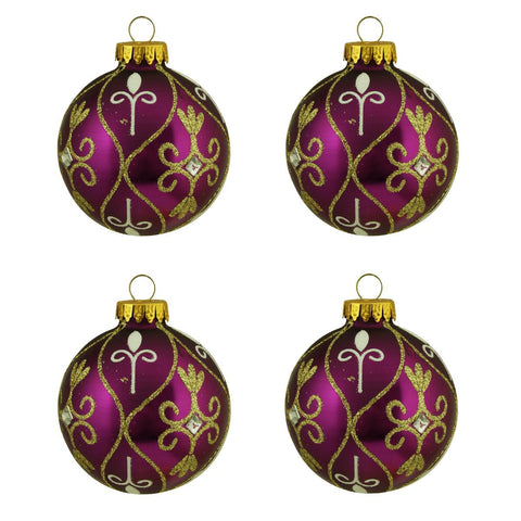 4ct Magenta Purple with Gold Glitter Swirl Design Glass Ball Christmas Ornaments 2.5" (65mm)