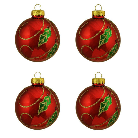 4ct Shiny Red with Holly Berry Design Glass Ball Christmas Ornaments 2.5" (65mm)