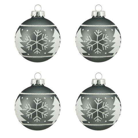 4ct Alpine Chic Matte Gray with White Snowflake Design Glass Ball Christmas Ornaments 2.5" (65mm)