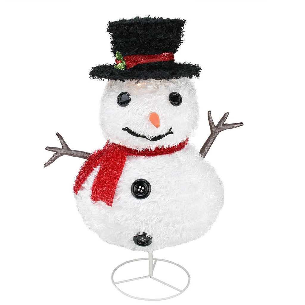 30" Pre-Lit Outdoor Chenille Snowman Kid w- Top Hat Christmas Yard Art Decoration