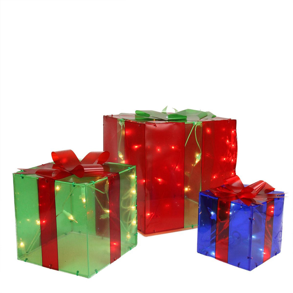 3-Piece Lighted Red, Green and Blue Gift Box Presents Christmas Yard Art Decoration Set