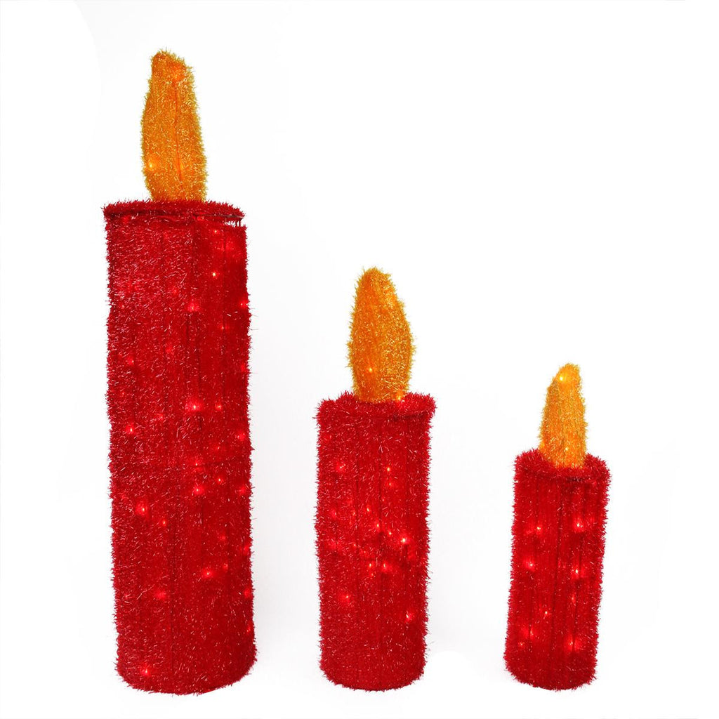 Set of 3 Pre-Lit Red and Gold Tinsel Candle Christmas Yard Art Decorations