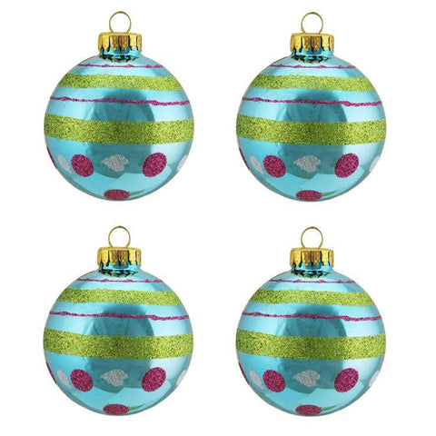 4ct Teal Blue with Glitter Polka Dot & Stripe Design Glass Ball Christmas Ornaments 2.5" (65mm)