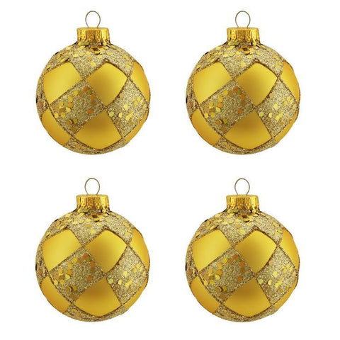 4ct Matte Gold Glitter Diamond Design Glass Ball Christmas Ornaments 2.5" (65mm)