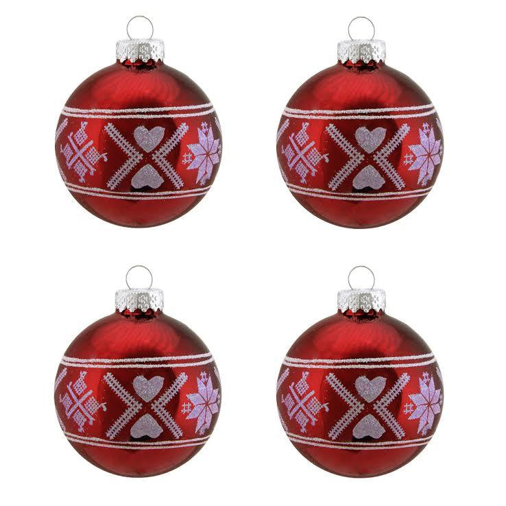 4ct Alpine Chic Shiny Red with White Fair Isle Design Glass Ball Christmas Ornaments 2.5" (65mm)