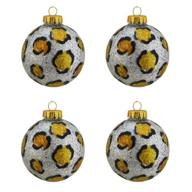 4ct Diva Safari Silver & Gold Glitter Leopard Print Design Glass Ball Christmas Ornaments 2.5" (65mm)