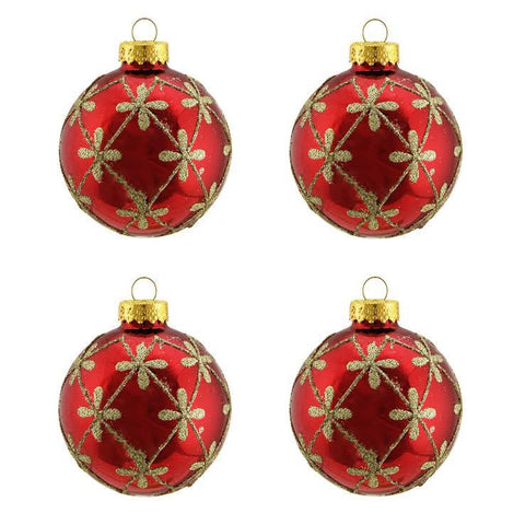 4ct Shiny Red with Gold Flower Design Glass Ball Christmas Ornaments 2.5" (65mm)