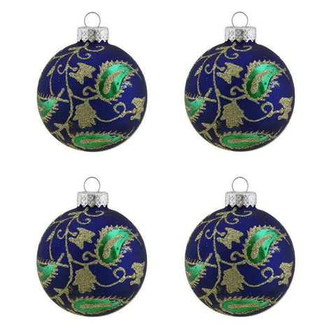 4ct Matte Blue with Green & Gold Glitter Paisley Design Glass Ball Christmas Ornaments 2.5" (65mm)