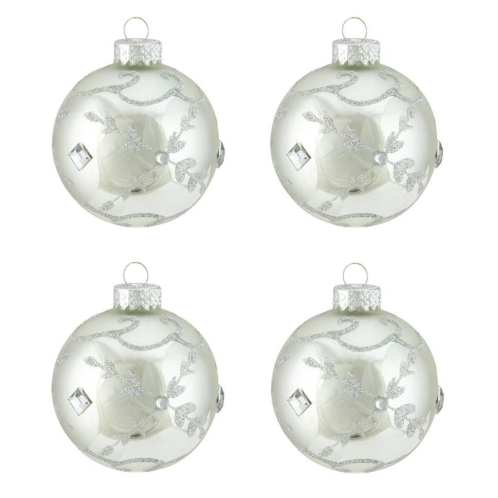 4ct Winter Light Shiny Silver with Glitter Leaf Design Glass Ball Christmas Ornaments 2.5" (65mm)