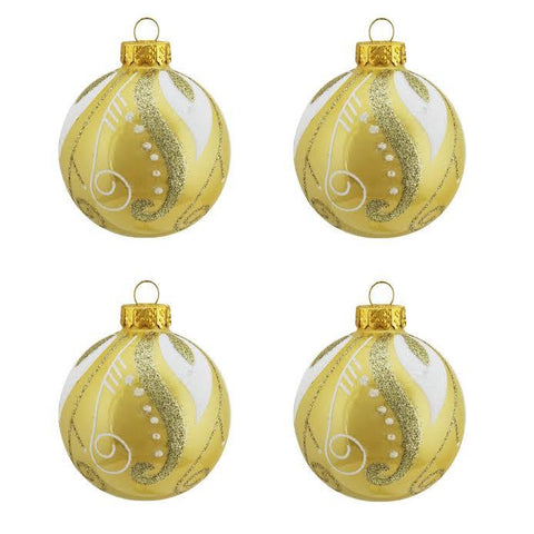 4ct Pearl Yellow Gold with Glitter Swirl & Leaf Design Glass Ball Christmas Ornaments 2.5" (65mm)