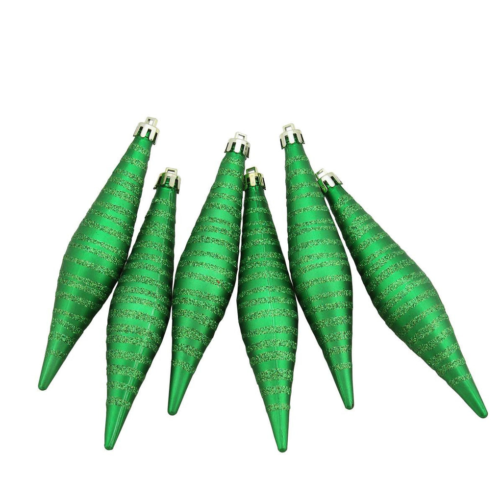 6ct Xmas Green Glitter Stripes Shatterproof Finial Drop Christmas Ornaments 5.75"