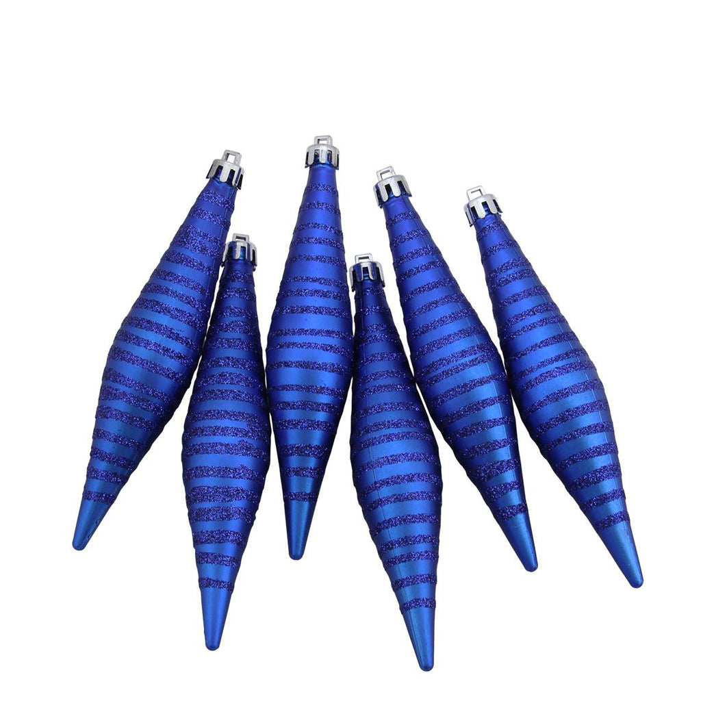 6ct Lavish Blue Glitter Stripes Shatterproof Finial Drop Christmas Ornaments 5.75"