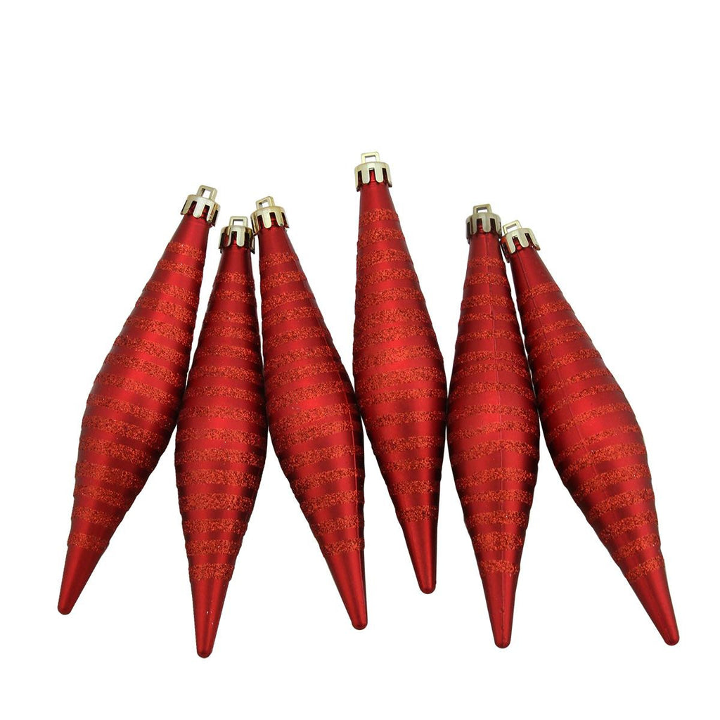 6ct Red Hot Glitter Stripes Shatterproof Finial Drop Christmas Ornaments 5.75"