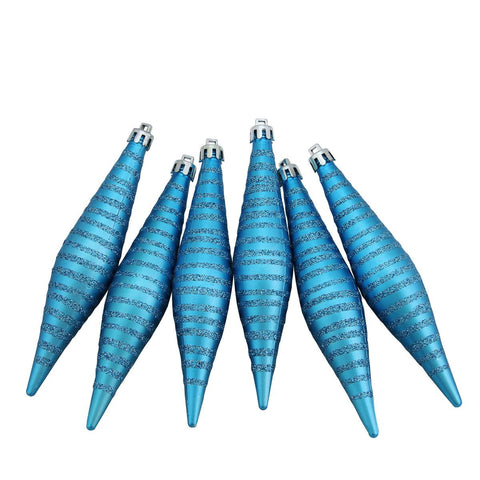 6ct Turquoise Blue Glitter Stripes Shatterproof Finial Drop Christmas Ornaments 5.75"