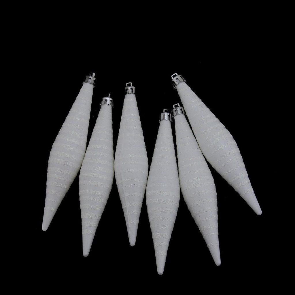 6ct Winter White Glitter Stripes Shatterproof Finial Drop Christmas Ornaments 5.75"