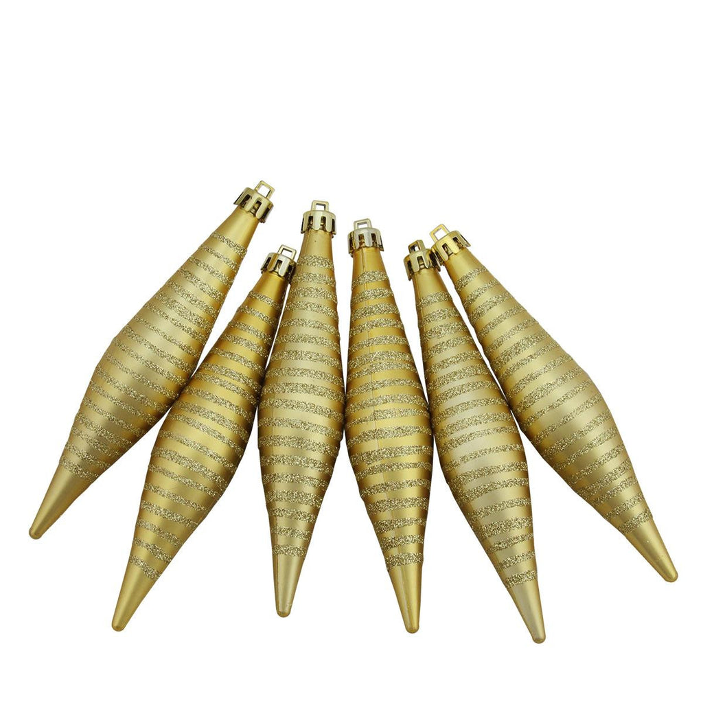 6ct Gold Glitter Stripes Shatterproof Finial Drop Christmas Ornaments 5.75"