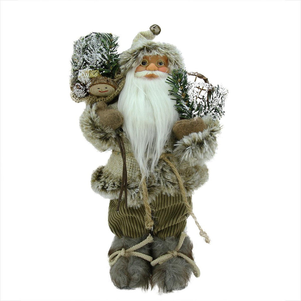 12" Alpine Chic Beige and Brown Burlap and Corduroy Standing Santa with Snowshoes and Gift Bag