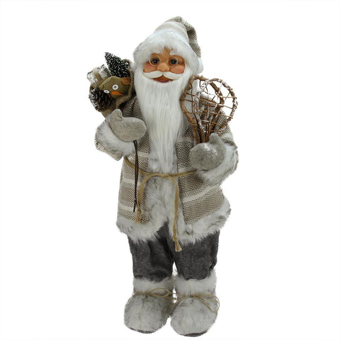 24" Alpine Chic Beige and Gray Standing Santa with Snowshoes and Gift Bag