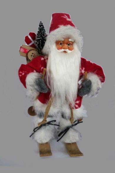 13" Alpine Chic Red and Gray Snowflake Skiing Santa with Gift Bag Decorative Christmas Figure