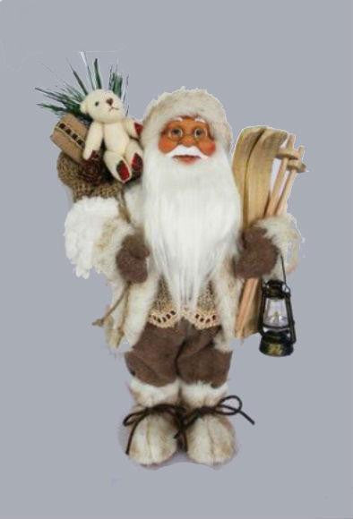 13" Alpine Chic Beige and White Skiing Santa with Gift Bag and Lantern Decorative Christmas Figure