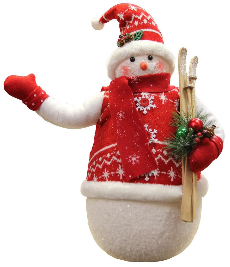 20" Alpine Chic Sparkling Snowman with Nordic Style Santa Hat and Skiis Christmas Decoration