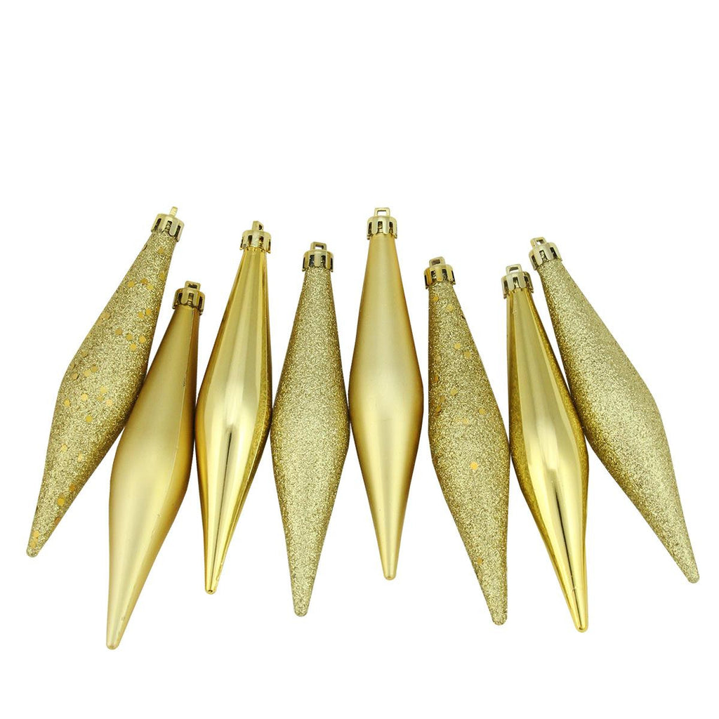 8ct Gold Shatterproof 4-Finish Finial Drop Christmas Ornaments 6"