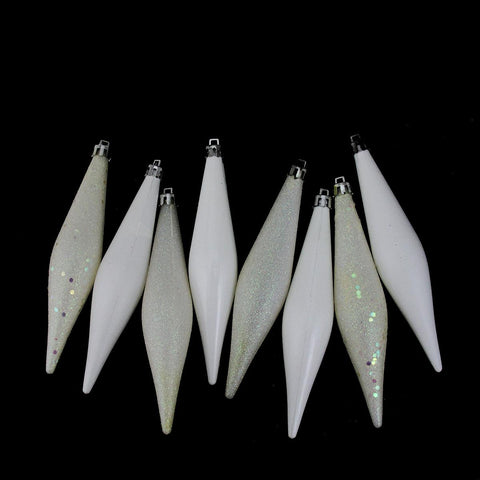 8ct Winter White Shatterproof 4-Finish Finial Drop Christmas Ornaments 6"