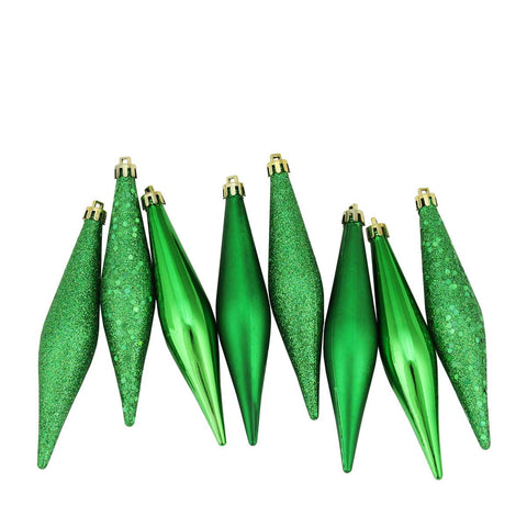 8ct Xmas Green Shatterproof 4-Finish Finial Drop Christmas Ornaments 6"